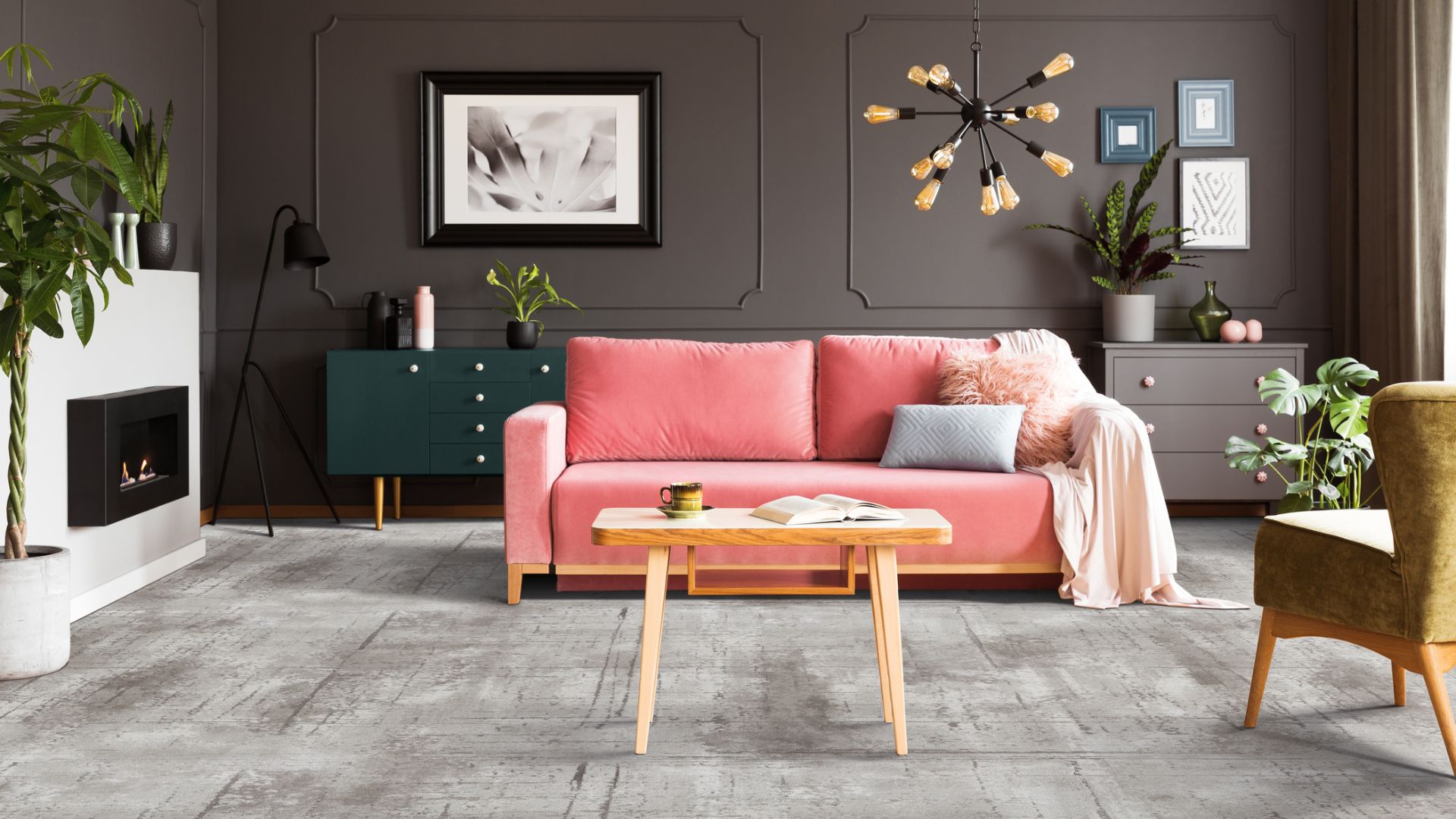 Patterned carpet in a living room. 